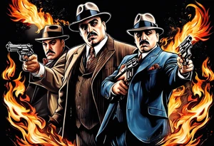 capone style gangsters having a shootout against a dark background scene with flames blues tattoo idea