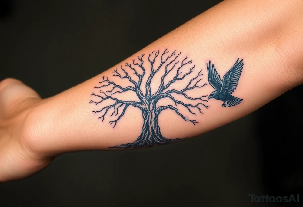 The Tree of Life, color infused, full forearm, ravens flying around it, tattoo idea