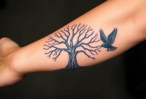 The Tree of Life, color infused, full forearm, ravens flying around it, tattoo idea