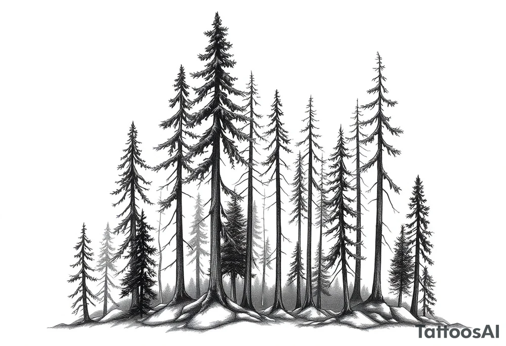 Needle forest with black and gray trees tattoo idea