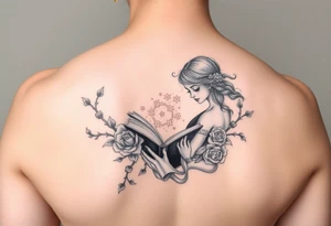 Pretty lady reading a book imagining a magical fairy world like a court of thorns and roses tattoo idea