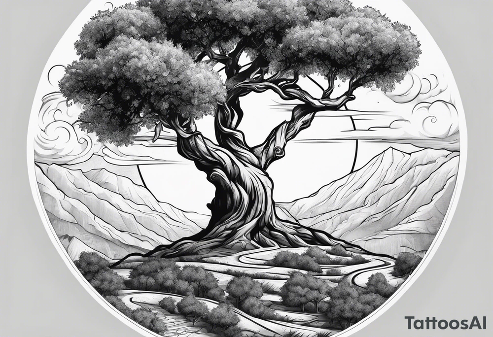 an olive tree and Saturn at its back tattoo idea