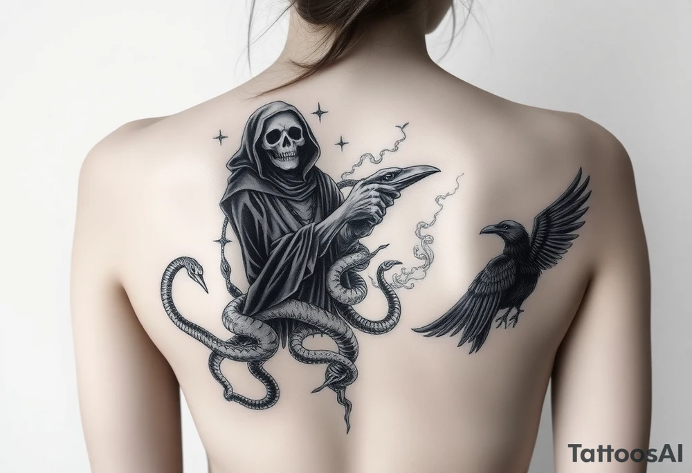 Mix grim reaper, snakes, crow and smoke tattoo idea