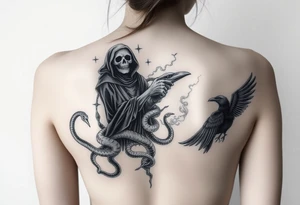 Mix grim reaper, snakes, crow and smoke tattoo idea