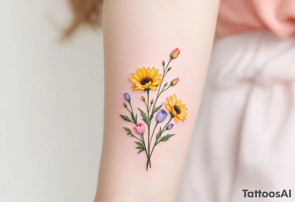 Small yellow sunflowers and simple stargazer Lilly in pale pink and pale purple tulip buds in a dainty wildflower bouquet with light green stems. No outlines on the flowers. Include feminine stem lines. tattoo idea