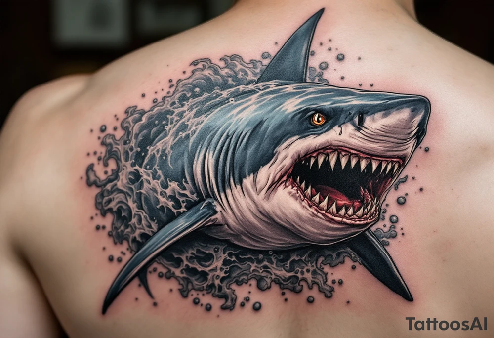 angry powerful shark tattoo with cool water stuff around it tattoo idea