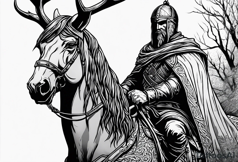 Hooded viking in the land of the dead riding on a stag with no face tattoo idea
