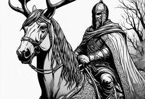 Hooded viking in the land of the dead riding on a stag with no face tattoo idea