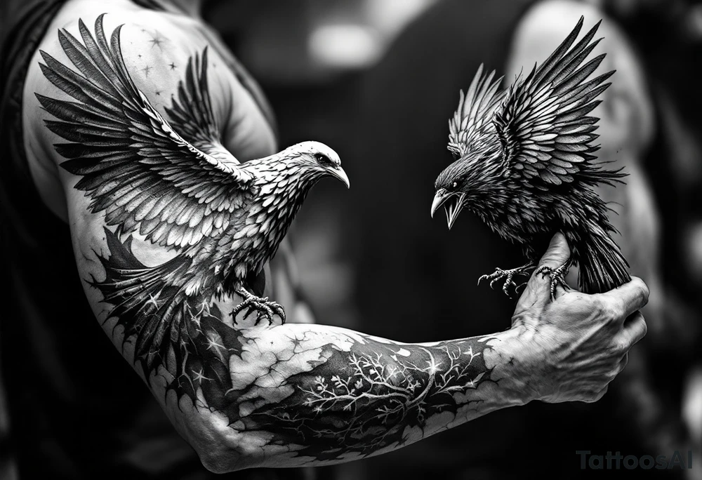 dove and raven fighting tattoo idea