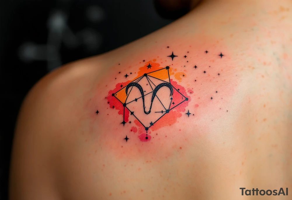 The Aries star constellation tattoo in black ink against an ombré background fading from orange to scarlet. tattoo idea