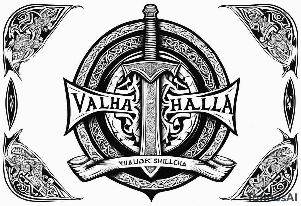 Valhalla sword shield dragon axe viking church tattoo idea