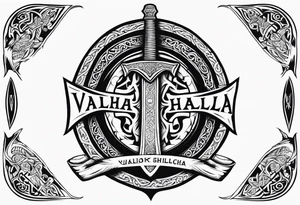 Valhalla sword shield dragon axe viking church tattoo idea