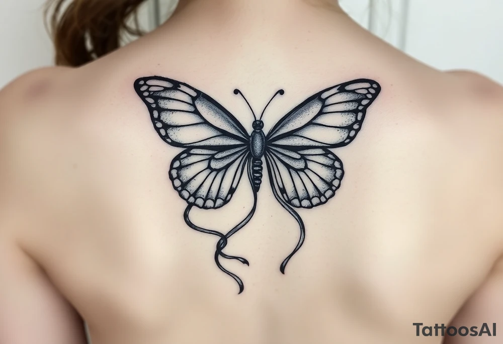 ethereal butterfly with flowing silk ribbons in moonlight tattoo idea