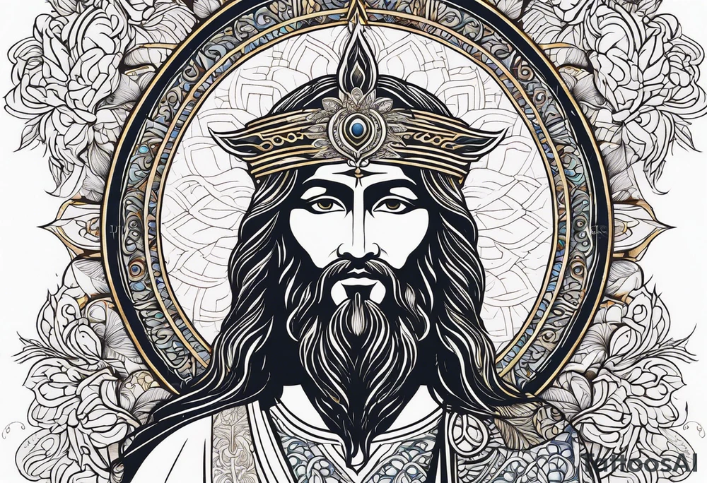 flat stern byzantine Christ with all-demanding eyes with a halo made of peacock feathers tattoo idea