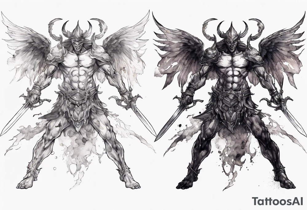 A demon angel wearing organic armor that is in mid-air with his two-handed sword behind them about to attack. tattoo idea