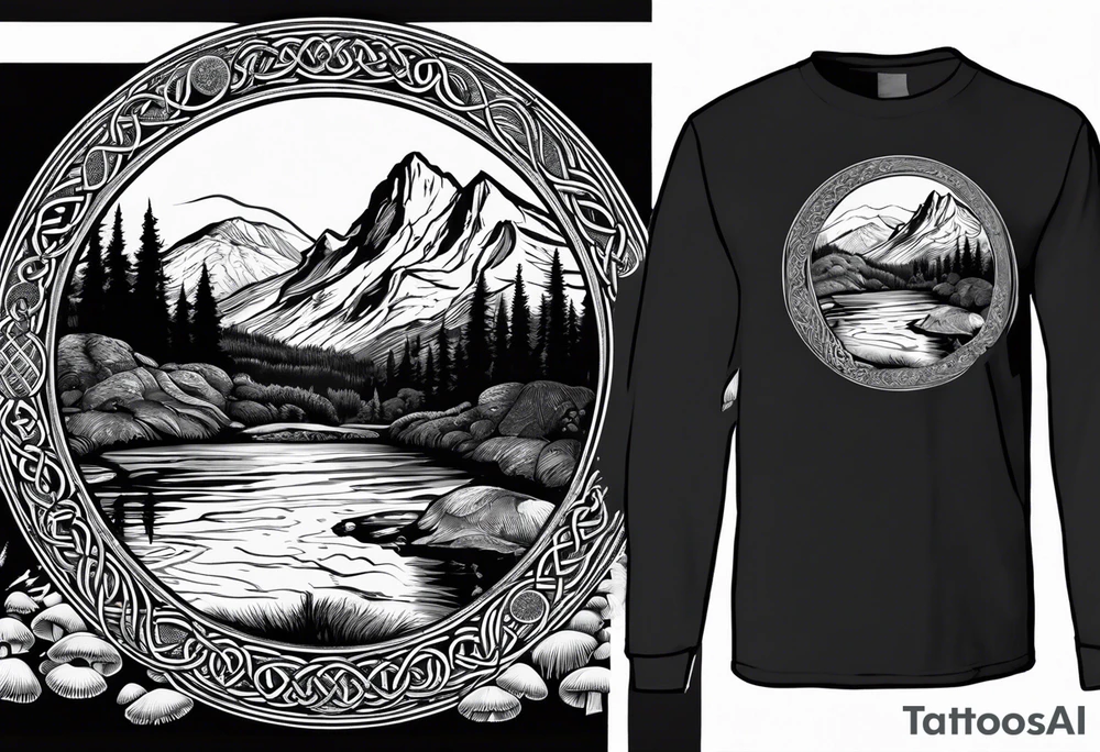 Whole picture encircled fully

Straight long blonde hair celestial girl in distance holding mushrooms in hand facing away toward mountains and creek surrounded by mushrooms long sleeve shirt and hiking pants; whole rendering within a full celtic circle border, no cut off circle tattoo idea