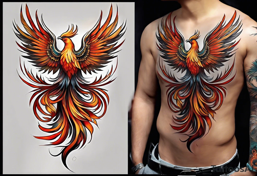 Tattoo: A powerful, majestic phoenix, depicted mid-flight or rising, with wings extended and feathers flowing. Deep shading and intricate details to bring out the texture and motion of the feathers. tattoo idea