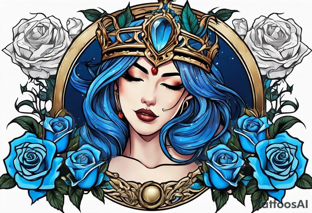 Justicia Goddess Tattoo  frame blue roses, With scales and a sword, blindfolded. tattoo idea