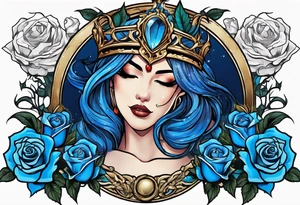 Justicia Goddess Tattoo  frame blue roses, With scales and a sword, blindfolded. tattoo idea