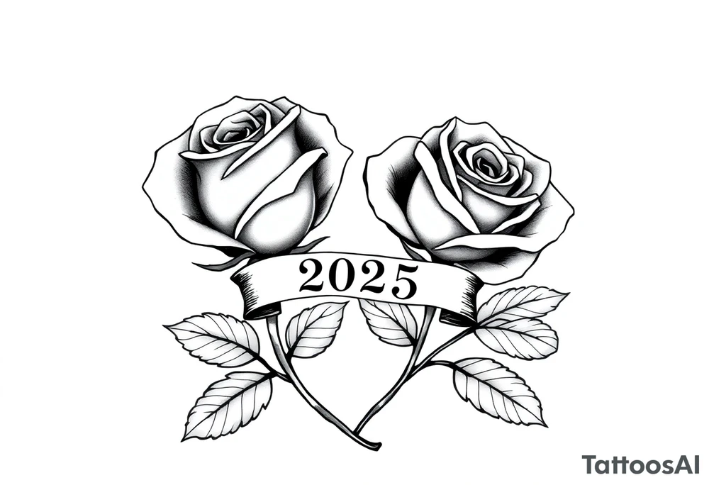 two beautiful large rose buds, one larger than the other, with many leaves next to the rose buds, with one sitting higher than the other. Include a banner connecting the two roses with the year "2025" on it.   Use dark outlines with little shading. The two stems should be short, not long, and connect and join into one stem, whimsically curved or twisted - not straight down. tattoo idea