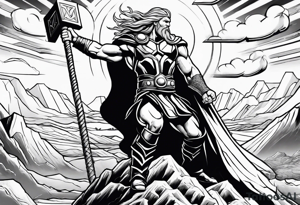 thor in a desert with warriors figthing Zeus in the clouds with lightnings tattoo idea