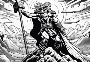 thor in a desert with warriors figthing Zeus in the clouds with lightnings tattoo idea