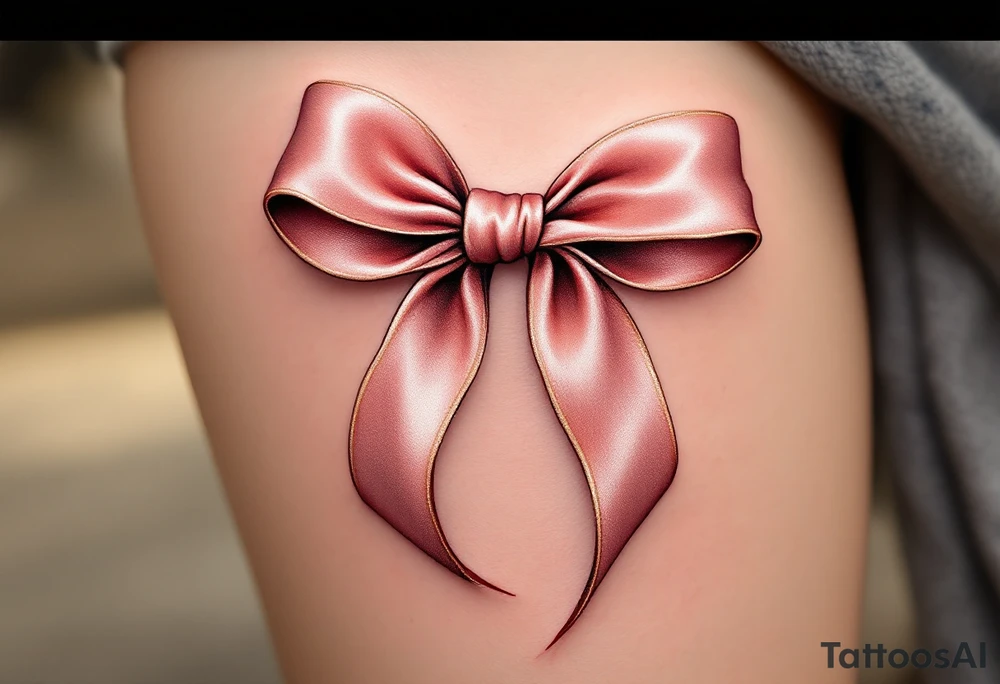 An elegant satin bow tattoo, tied in a perfect knot with gracefully flowing tails, symbolizing unity and everlasting love. The bow is rendered in a soft blush pink with gentle highlights, creating a realistic silk-like sheen. Subtle shadows add depth, making the fabric appear delicately folded. The knot at the center is slightly darker, emphasizing its structure and strength. tattoo idea