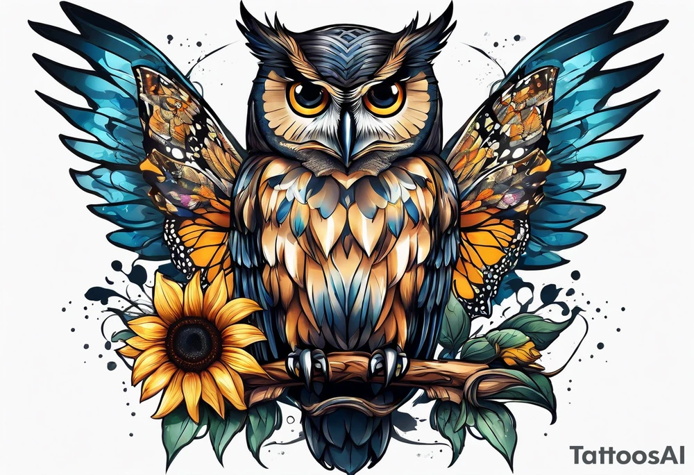 Sleeve with an owl, sunflower and butterfly tattoo idea
