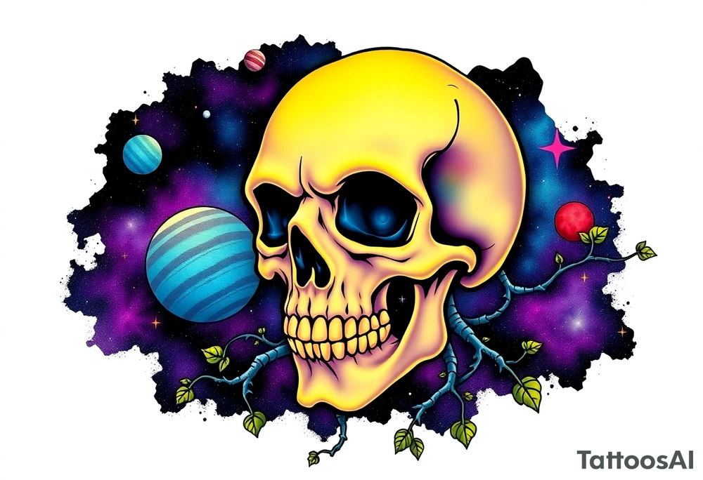 gothic skull as the moon and life as the sun. intertwined with climbing  vines as space dust connecting planets and galaxy in background of skull really bright colors used for the planets and stars shade's of Purple, Blue and black as the backdrop for galaxy tattoo idea
