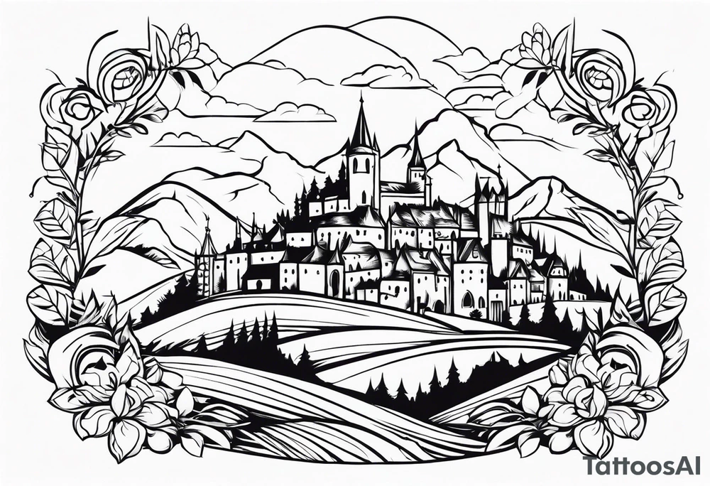 medieval tribal city 
floral  land  vignette tattoo idea