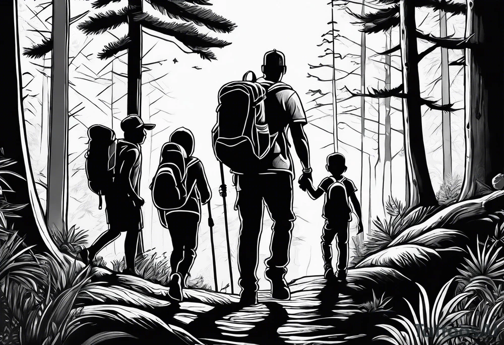 A man with his family hiking through the Forrest. Add Mexican American tone tattoo idea
