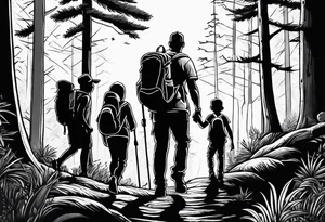A man with his family hiking through the Forrest. Add Mexican American tone tattoo idea