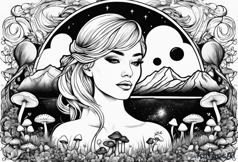 Straight blonde hair girl facing mountains surrounded by mushrooms crescent moon tattoo idea