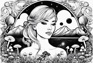 Straight blonde hair girl facing mountains surrounded by mushrooms crescent moon tattoo idea