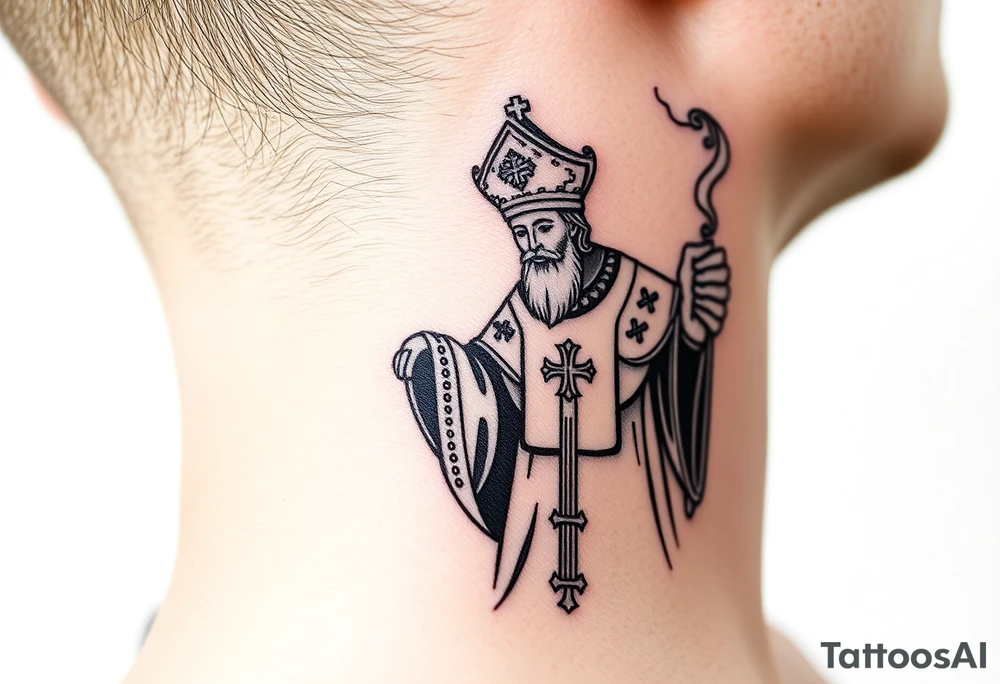 Russian Orthodox Priest in a fully detailed gold vestment swinging a censer with smoke curling upward tattoo idea