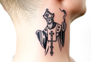 Russian Orthodox Priest in a fully detailed gold vestment swinging a censer with smoke curling upward tattoo idea