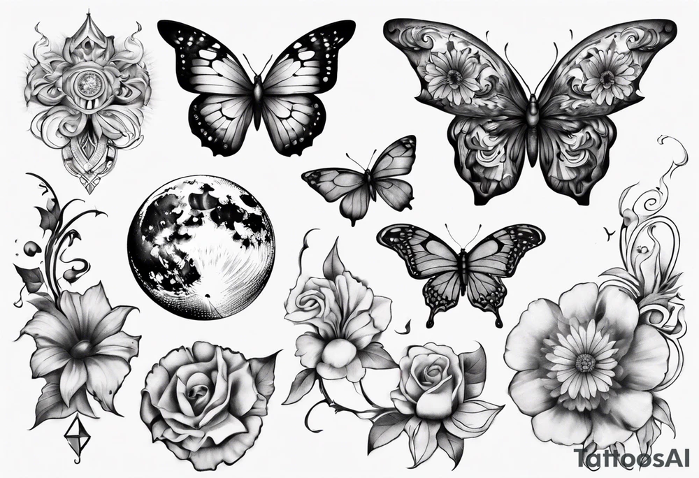 Butterfly wrap tattoos with large centre piece with moon and floral theme tattoo idea