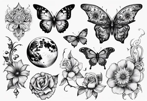 Butterfly wrap tattoos with large centre piece with moon and floral theme tattoo idea