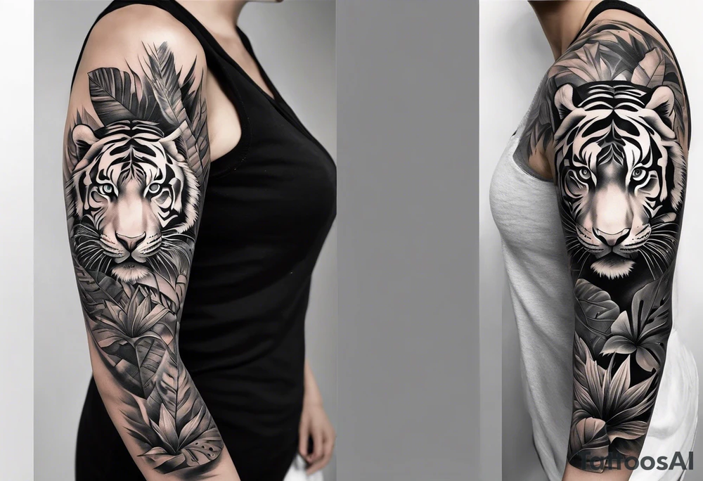 Womans Full arm tattoo sleeve design.  Smaller 
abstract tiger coming down front of shoulder, monstera foliage on forearm, beach landscape on bicep tattoo idea