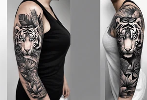 Womans Full arm tattoo sleeve design.  Smaller 
abstract tiger coming down front of shoulder, monstera foliage on forearm, beach landscape on bicep tattoo idea