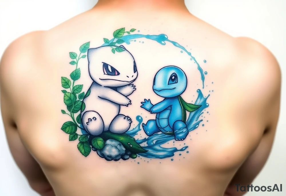 A yin-and-yang watercolor tattoo featuring Bulbasaur and Squirtle in their natural habitats. Bulbasaur forms the yin side, nestled in a lush forest environment with soft green watercolor washes, leaves, vines, moss, and gentle earthy textures. Squirtle forms the yang side, flowing through water with dynamic blue watercolor splashes, waves, bubbles, and light reflections. Their bodies curve together to complete the circular yin-yang symbol. The style is soft watercolor with subtle ink outlines, fluid motion, balanced contrast between earth and water, minimal background, and a harmonious, serene energy. tattoo idea