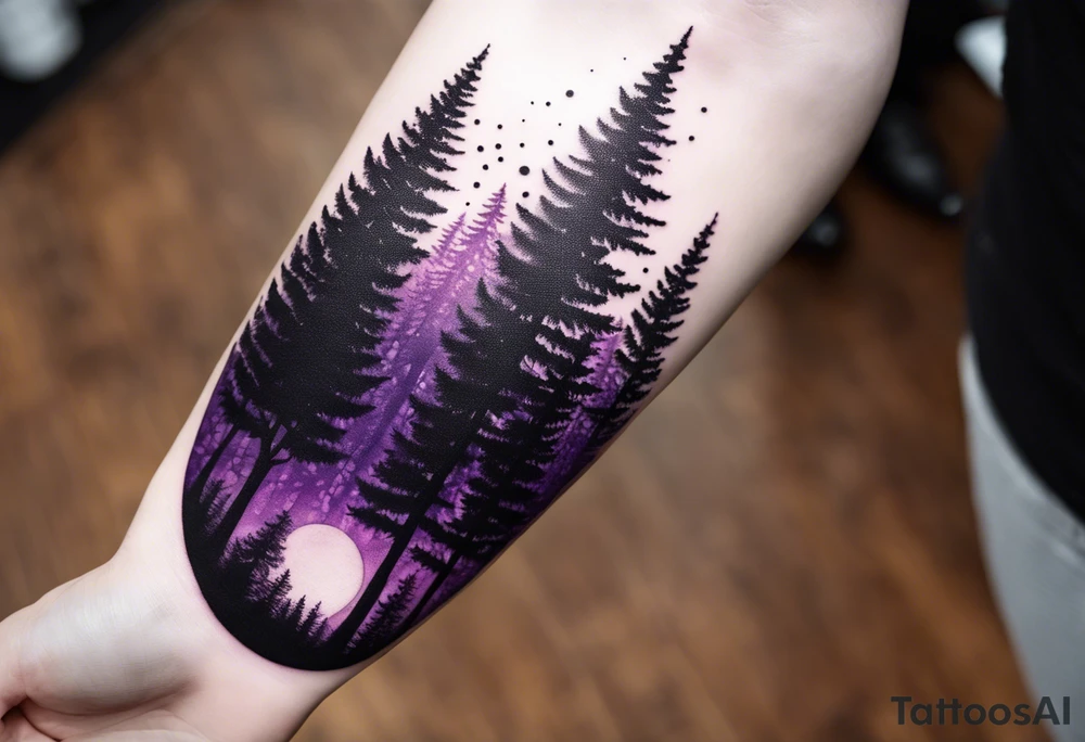 forest, purple and black, on hand, fully covered, no borders, blackwork tattoo idea