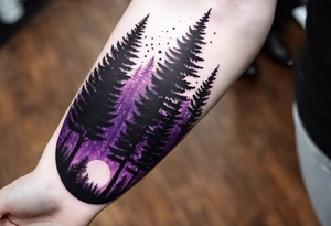 forest, purple and black, on hand, fully covered, no borders, blackwork tattoo idea