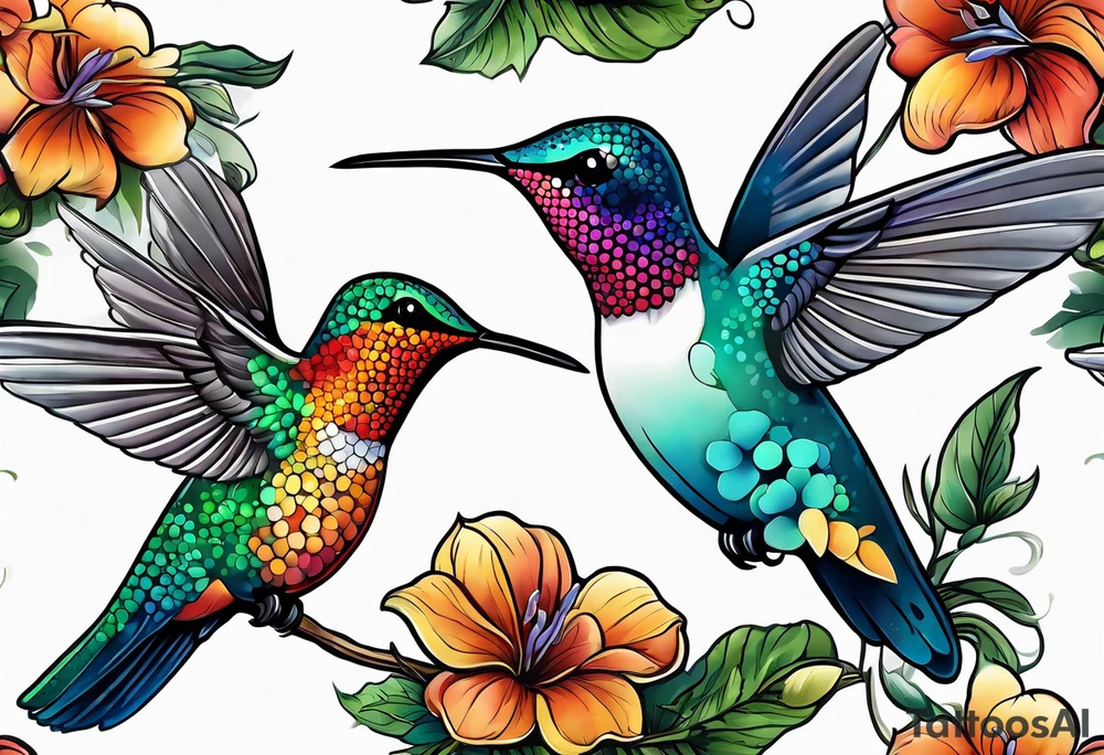 botanical, flowers, colorful, different, hummingbird, dot tattoo idea