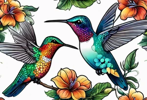 botanical, flowers, colorful, different, hummingbird, dot tattoo idea