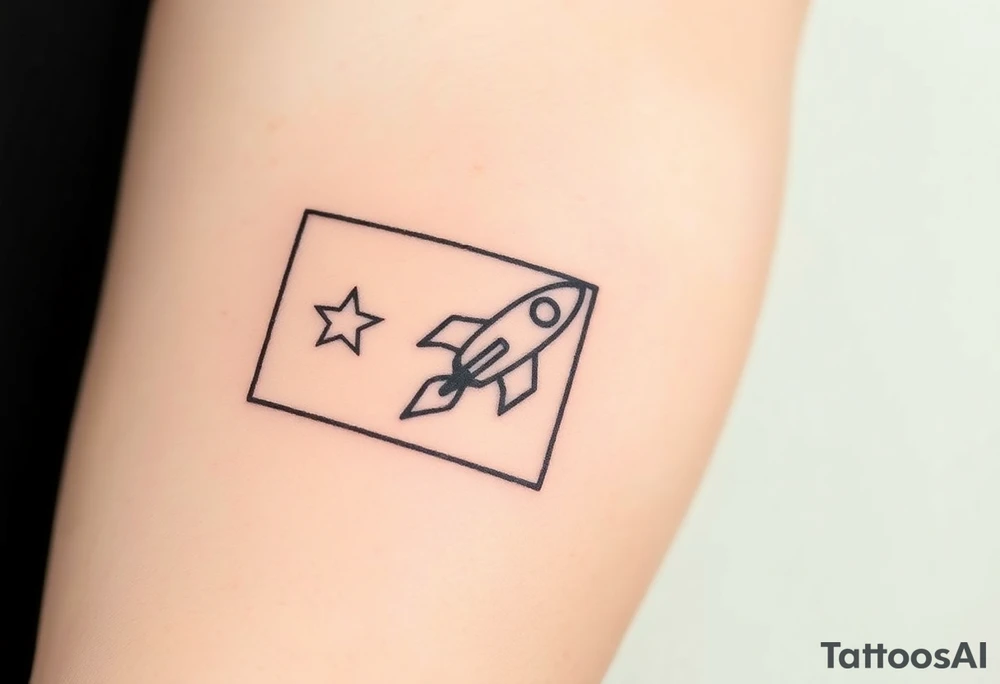 Rocket ship with a twinkling star, inside a black rectangle, shooting out of the rectangle tattoo idea