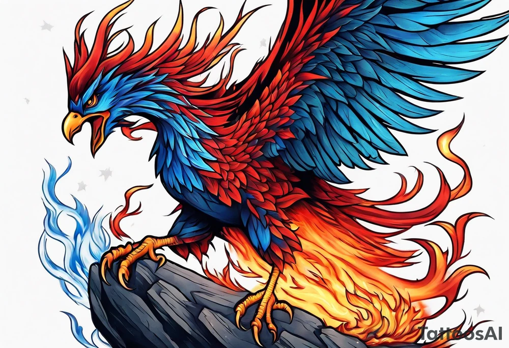 Blue and red Phoenix on fire on a mountain tattoo idea