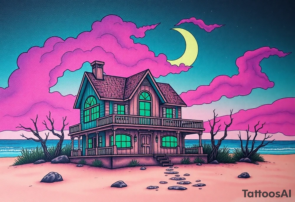 Tim Burton’s haunted pastel beach home is abandoned and dripping with muted reds, dusty pinks, and eerie green glow.purple and cyan smokey clouds swirl in the crescent moonlit sky thats sprinkled with stars tattoo idea tattoo idea