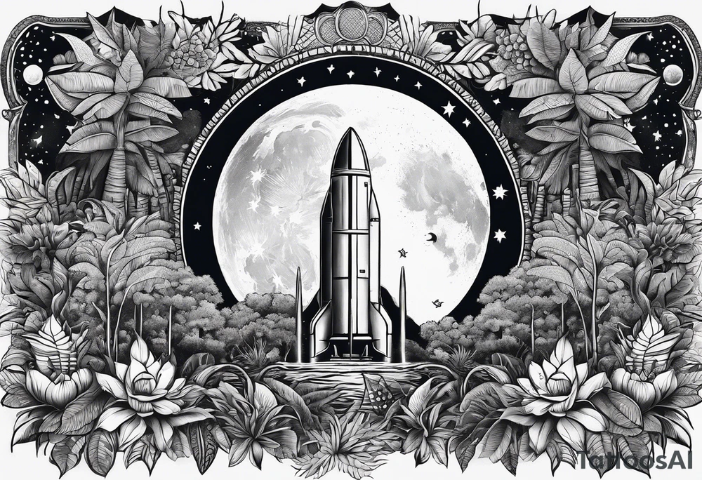 simple jungle, rocket, moon tattoo idea