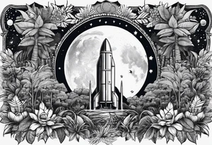 simple jungle, rocket, moon tattoo idea